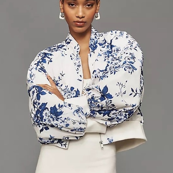 NWT Anthropologie Blue Floral Cropped Bomber Large - Picture 1 of 5